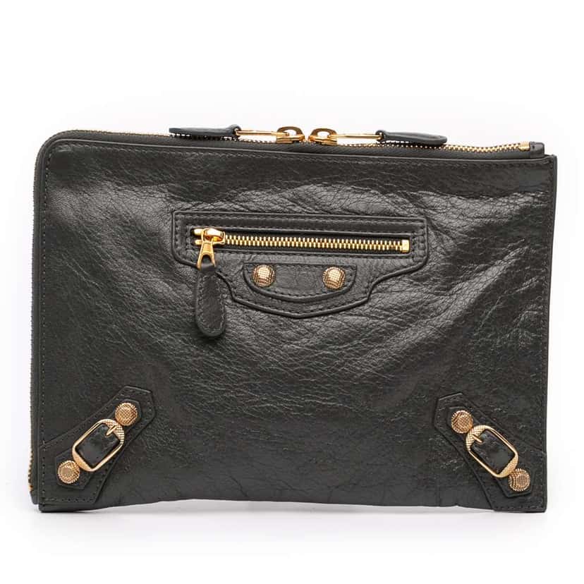 Balenciaga Lambskin Motocross Giant 12 Zip Around Flat Clutch Grey Leather Very good condition - Front View