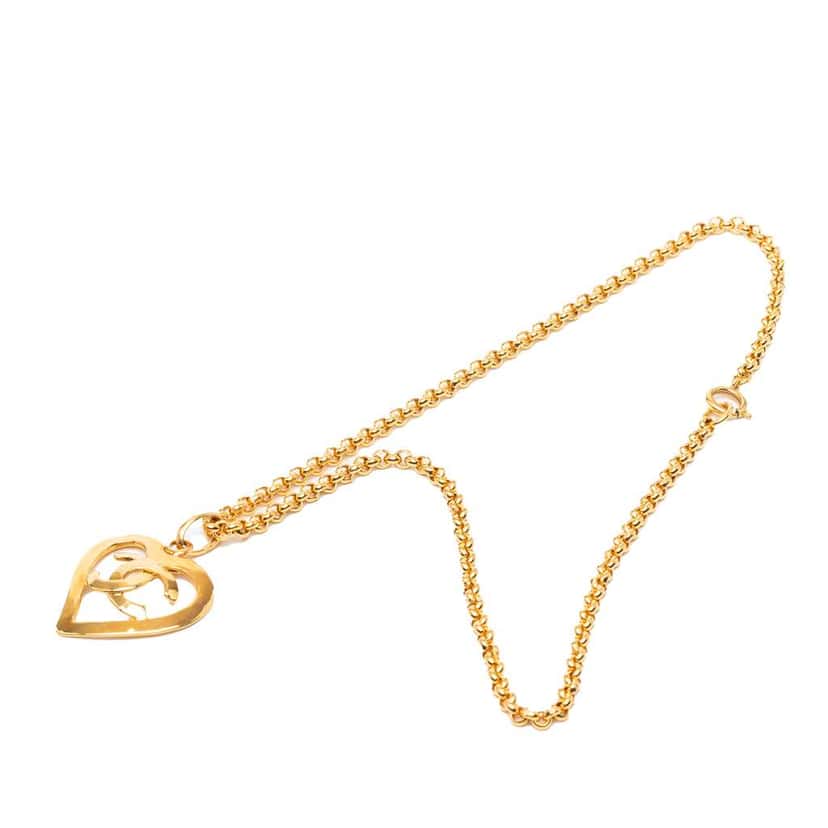 Chanel Gold Plated CC Heart Pendant Necklace Gold Metal Good condition - Front View