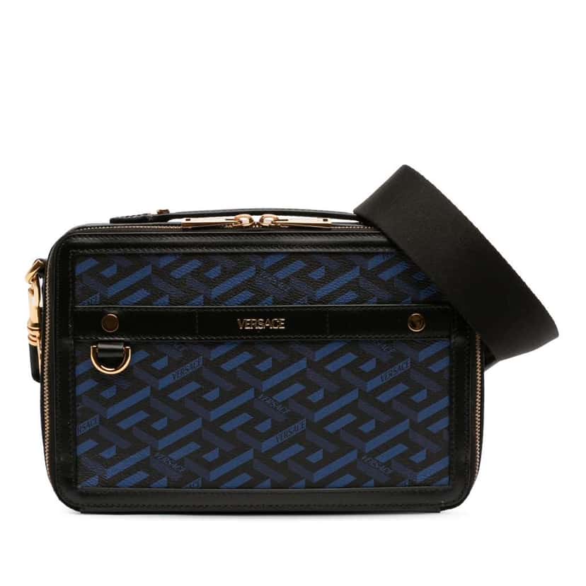 Versace Coated Canvas La Greca Zip Around Messenger Bag Black Canvas Very good condition - Front View