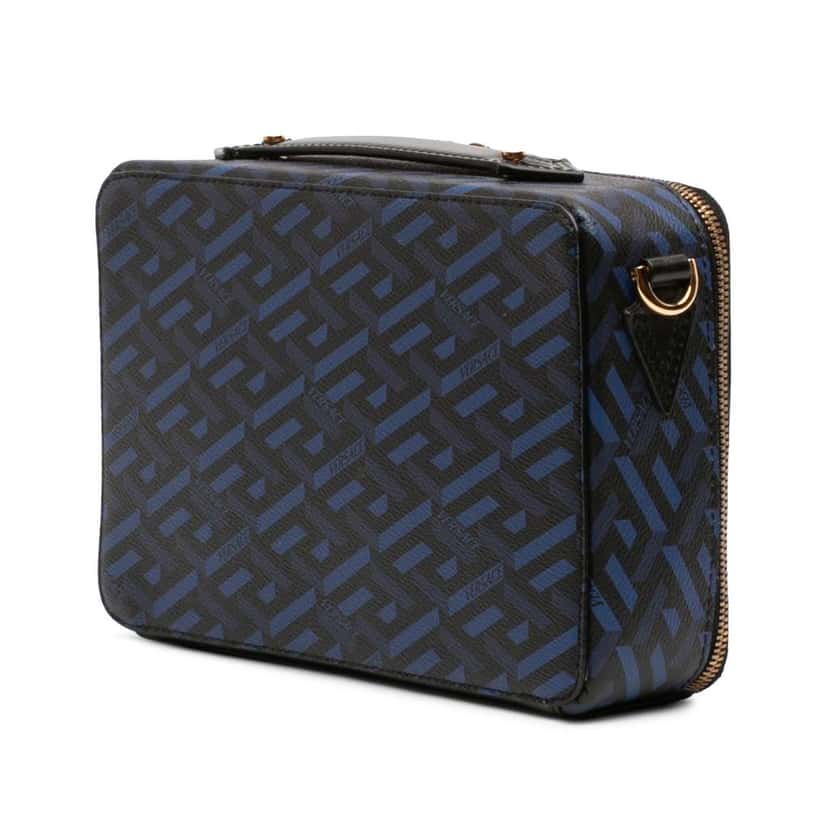 Versace Coated Canvas La Greca Zip Around Messenger Bag Black Canvas Very good condition - Back View