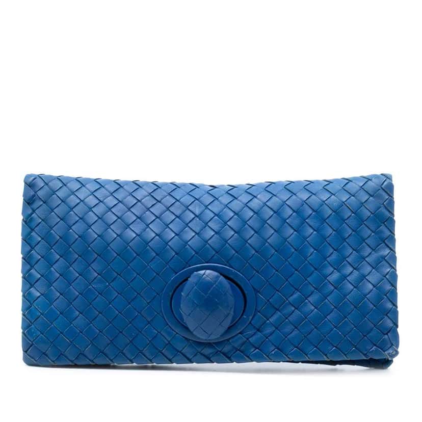 Bottega Veneta Nappa Intrecciato Turn Lock Clutch Blue Leather Very good condition - Front View