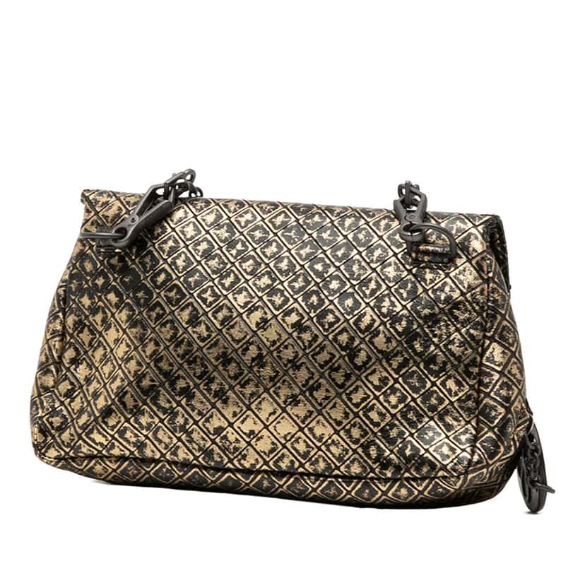 Bottega Veneta Metallic Calfskin Intrecciomirage Chain Flap Crossbody Gold Leather Very good condition - Back View