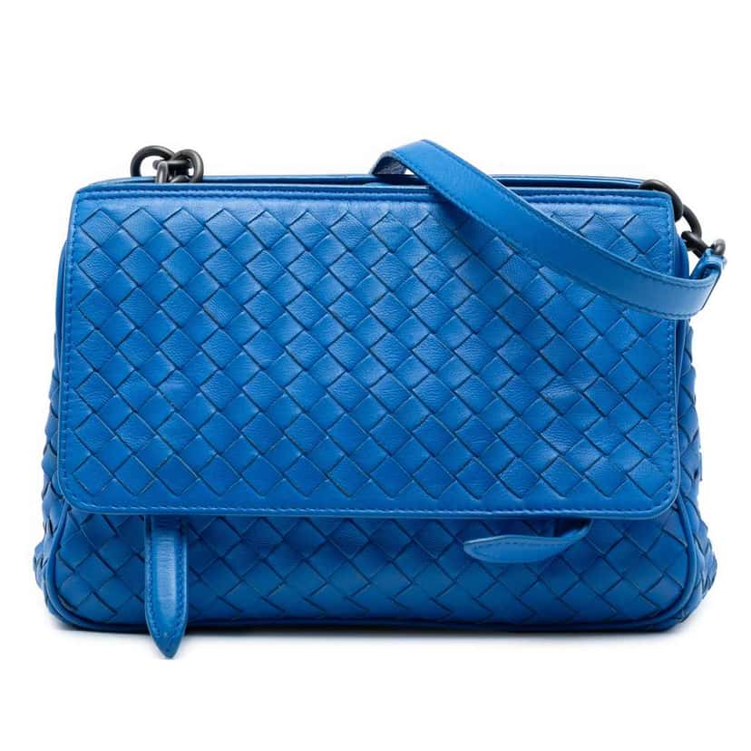 Bottega Veneta Nappa Intrecciato Messenger Bag Blue Leather Very good condition - Front View