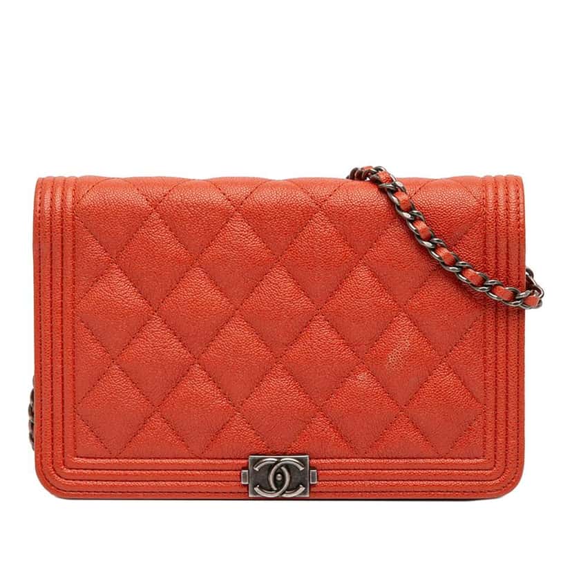 Chanel Quilted Caviar Boy Wallet on Chain Orange Leather Very good condition - Front View