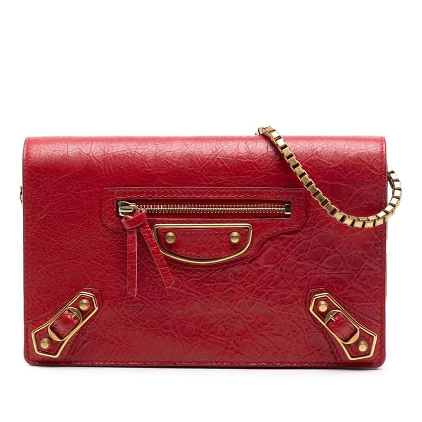 Balenciaga Lambskin Motocross Metallic Edge Wallet on Chain Red Leather Very good condition - Front View