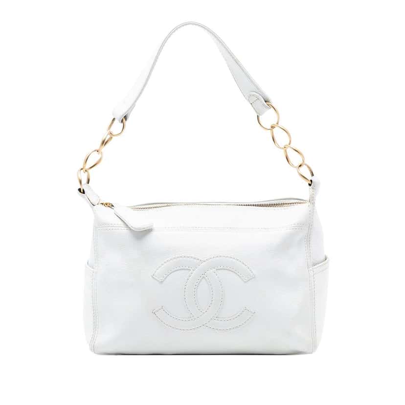 Chanel CC Caviar Chain Shoulder Bag White Leather Very good condition - Front View