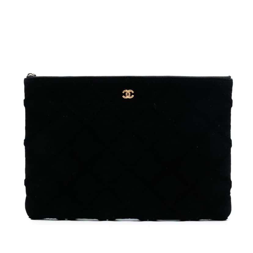 Chanel Large Quilted Velvet O Case Clutch Black Velvet Very good condition - Front View