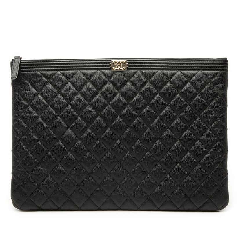 Chanel Large Quilted Caviar Boy O Case Clutch Black Leather Very good condition - Front View