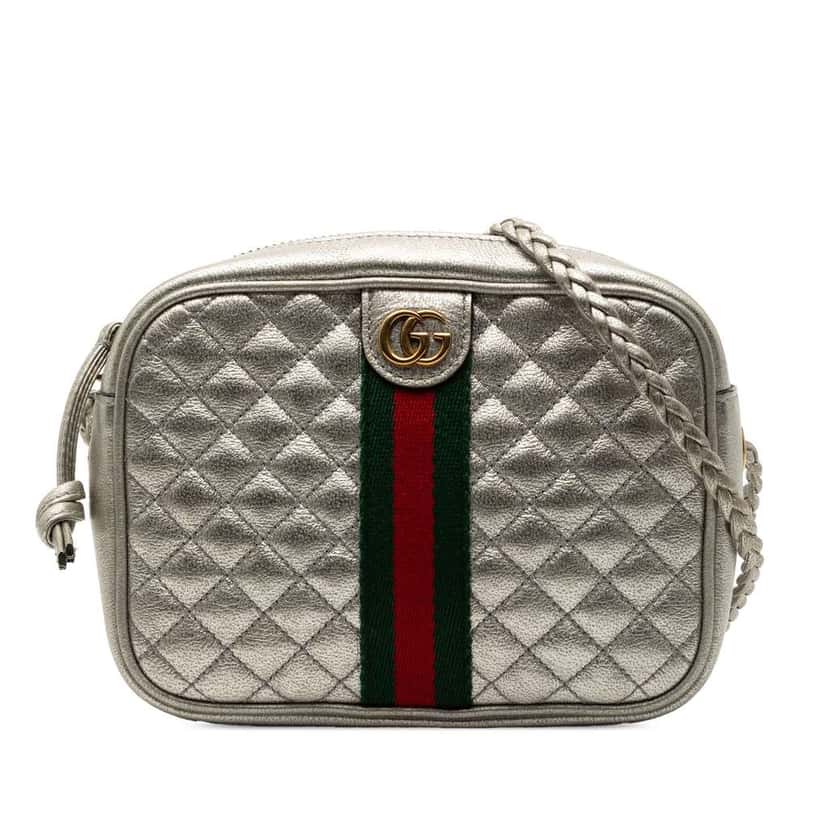 Gucci Mini Quilted Leather Web Trapuntata Crossbody Silver Leather Very good condition - Front View