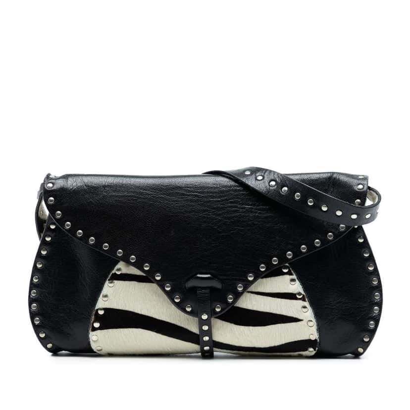 Celine Studded Leather and Pony Hair Zebra Print Poulbot Shoulder Bag Black Leather Good condition - Front View