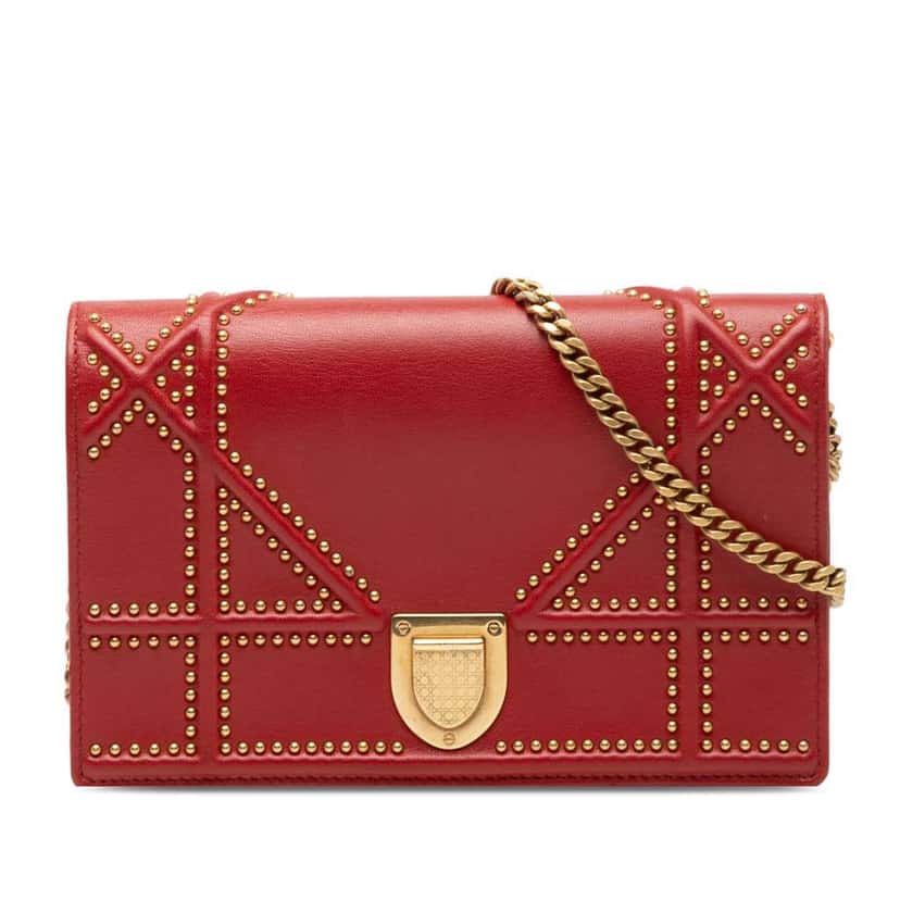 Dior Studded Lambskin Diorama Wallet on Chain Red Leather Very good condition - Front View