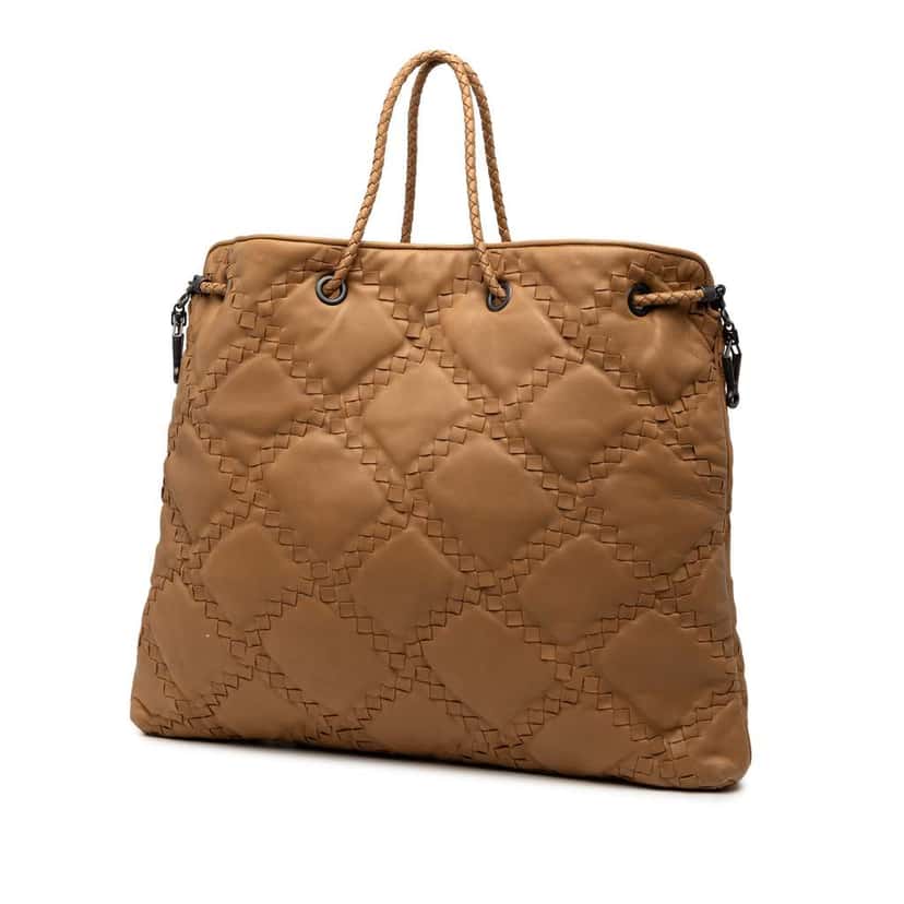 Bottega Veneta Intrecciato Trimmed Leather Croisette Drawstring Tote Brown Leather Very good condition - Back View