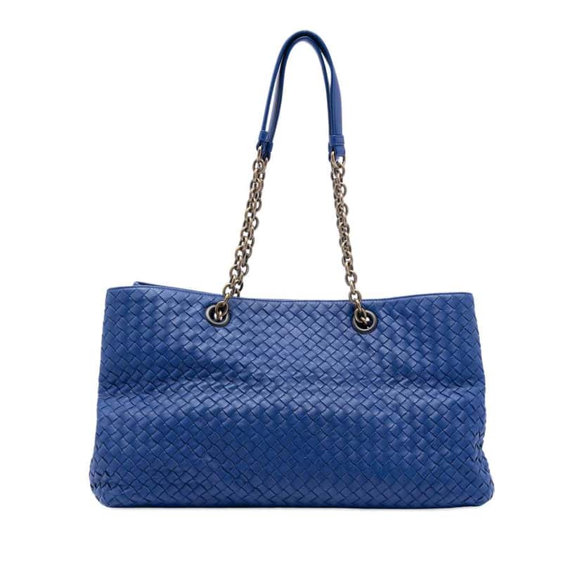 Bottega Veneta Large Nappa Intrecciato Double Chain Tote Blue Leather Good condition - Front View