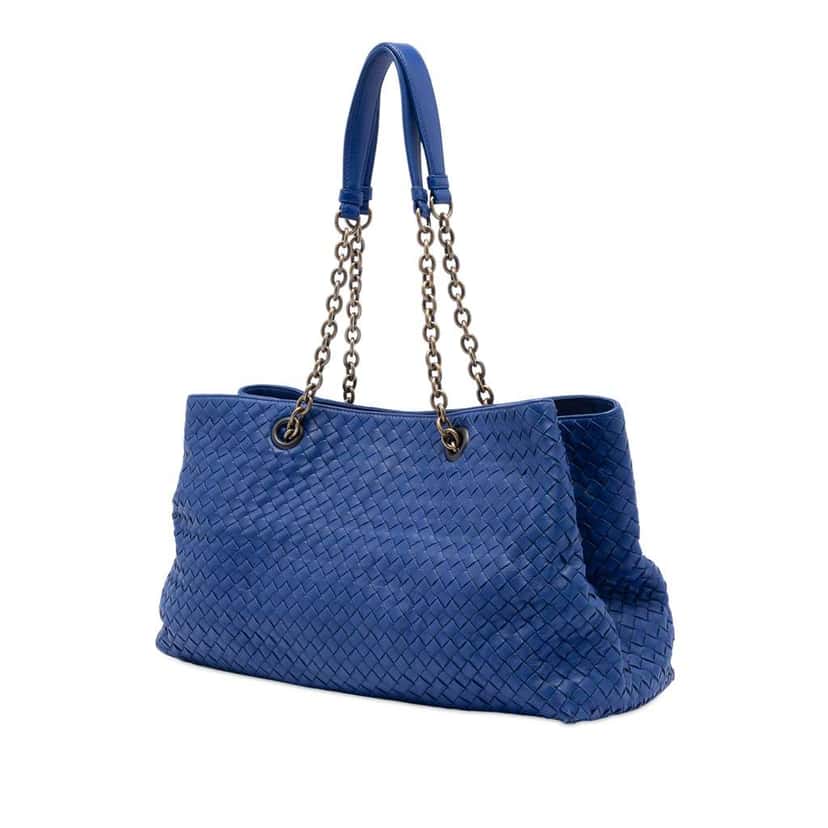 Bottega Veneta Large Nappa Intrecciato Double Chain Tote Blue Leather Good condition - Back View
