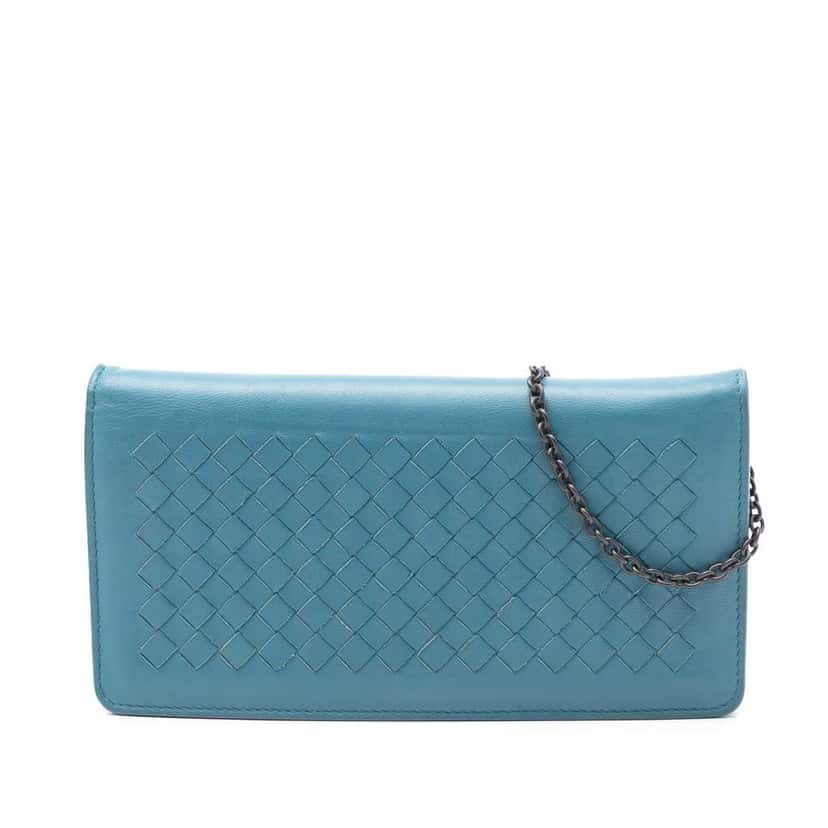 Bottega Veneta Nappa Intrecciato Continental Wallet on Chain Blue Leather Good condition - Front View