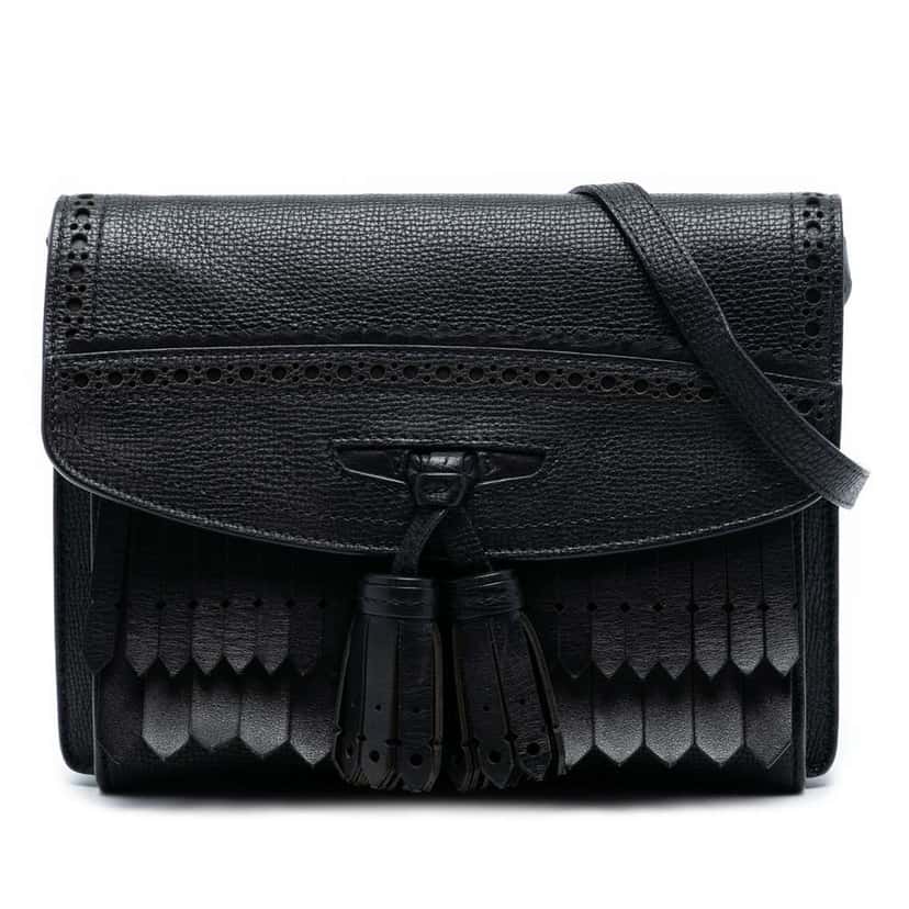 Burberry Small Grainy Calfskin Broguing Tassel Macken Crossbody Black Leather Very good condition - Front View