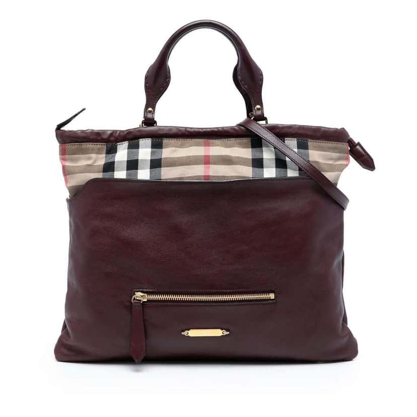 Burberry House Check Trimmed Leather Big Crush Convertible Tote Red Leather Very good condition - Front View