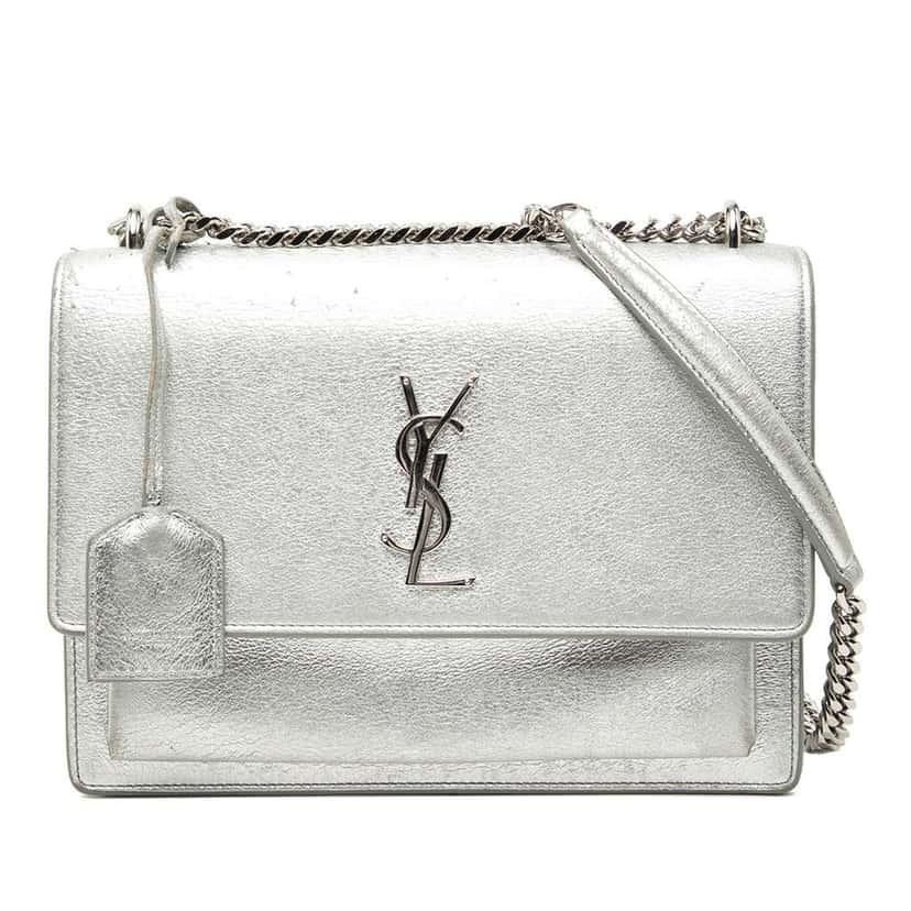 Saint Laurent Medium Metallic Calfskin Monogram Sunset Crossbody Silver Leather Good condition - Front View