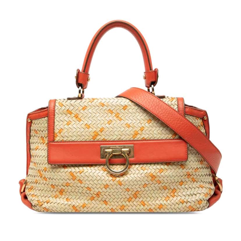 Salvatore Ferragamo Medium Woven Leather Gancini Sofia Satchel Brown Leather Very good condition - Front View