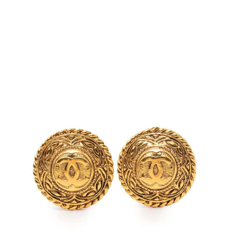 Chanel Gold Plated CC Round Clip on Earrings Gold Metal Very good condition - Front View