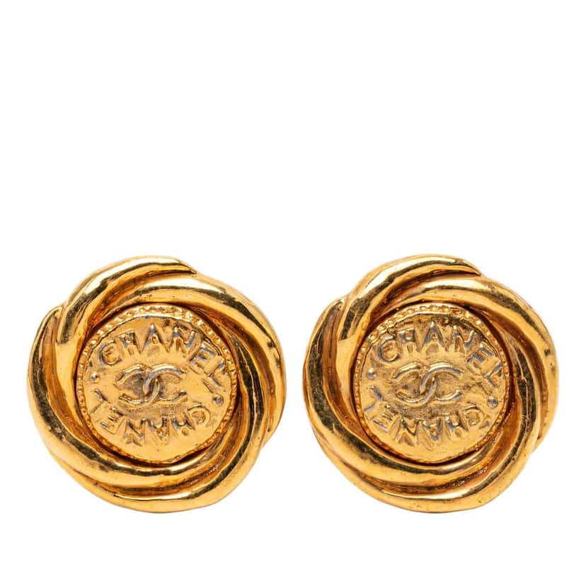 Chanel Gold Plated Twisted Double Logo Round Clip On Earrings Gold Metal Good condition - Front View