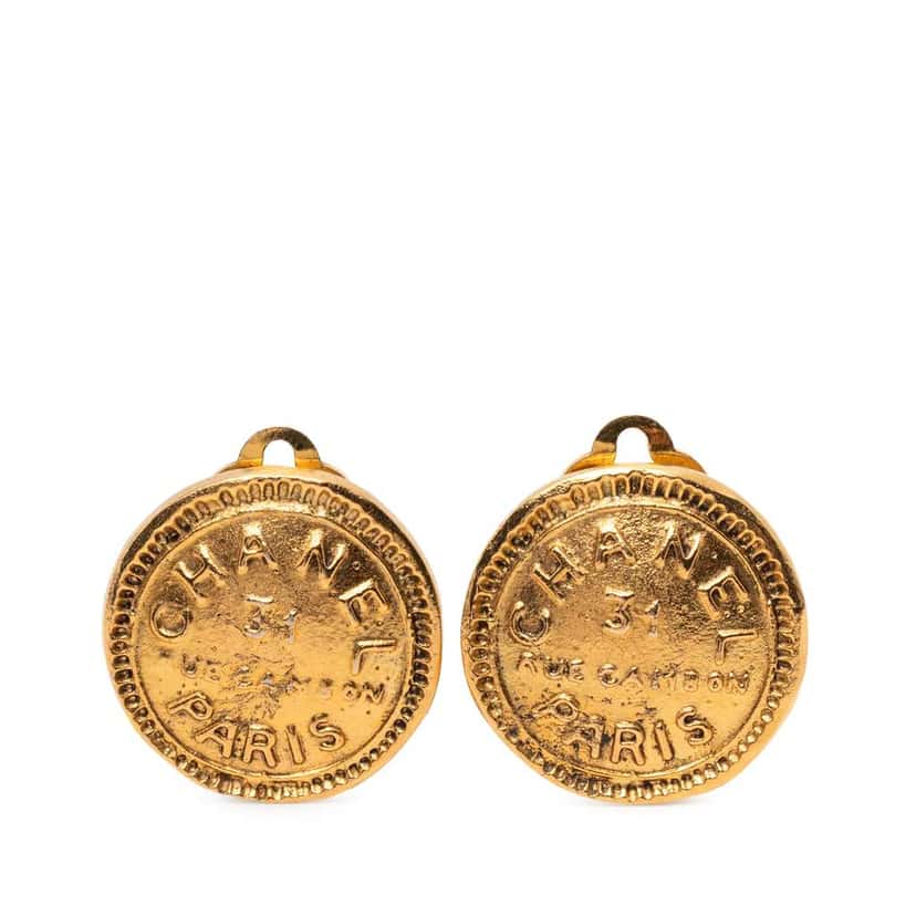 Chanel Gold Plated 31 Rue Cambon Round Clip On Earrings Gold Metal Very good condition - Front View
