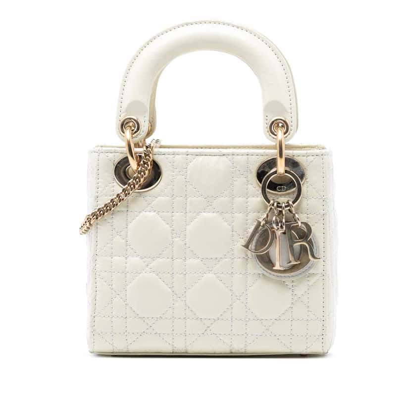 Dior Mini Crinkled Calfskin Cannage Lady Dior White Leather Good condition - Front View