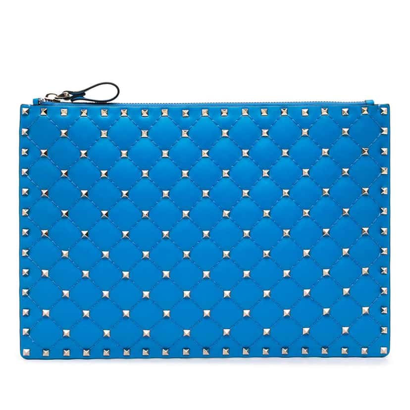Valentino Large Nappa Rockstud Spike Flat Pouch Blue Leather Good condition - Front View