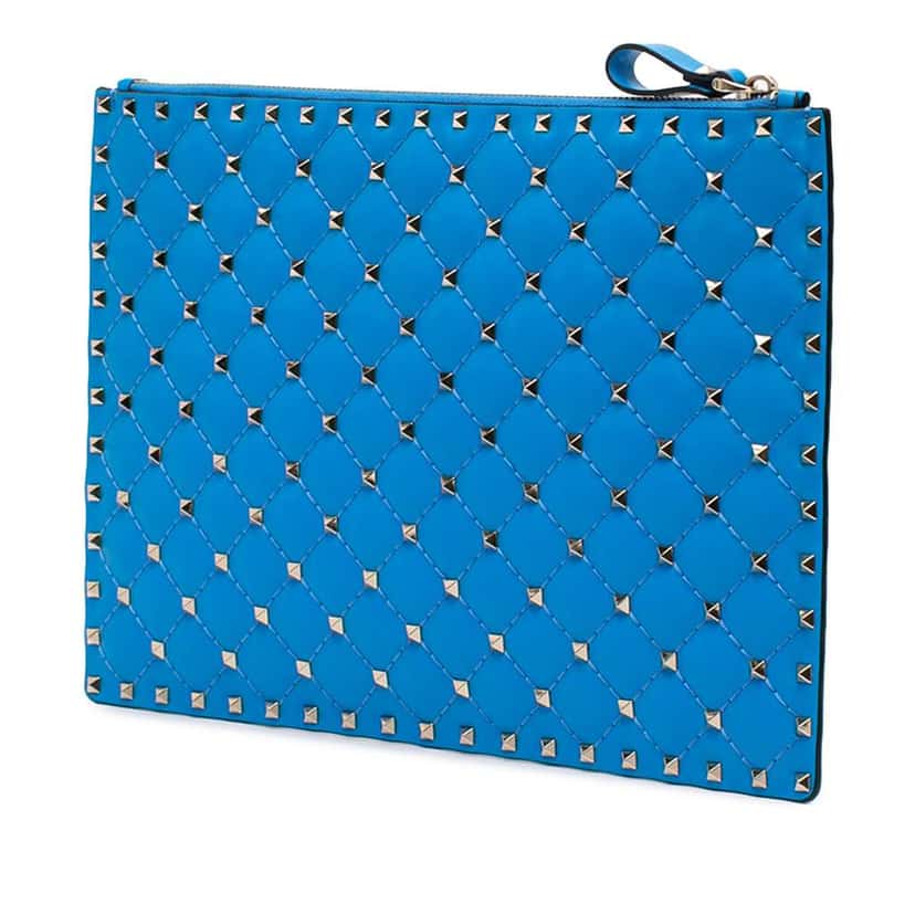 Valentino Large Nappa Rockstud Spike Flat Pouch Blue Leather Good condition - Back View