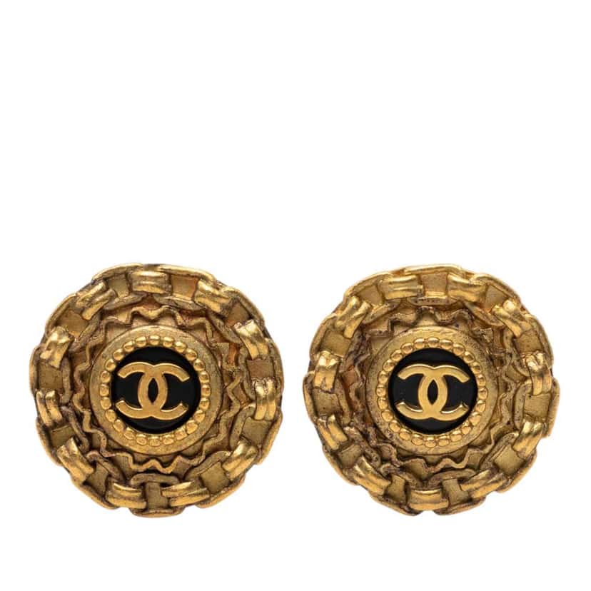 Chanel Gold Plated Resin CC Chain Round Clip On Earrings Gold Metal Very good condition - Front View