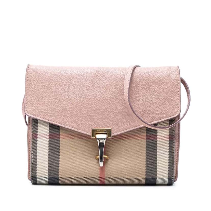 Burberry Small Leather and House Check Canvas Derby Macken Crossbody Pink Leather Very good condition - Front View