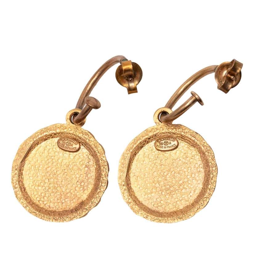 Chanel Gold Plated Enamel Logo Round Scalloped Swing Push Back Earrings Gold Metal Very good condition - Back View
