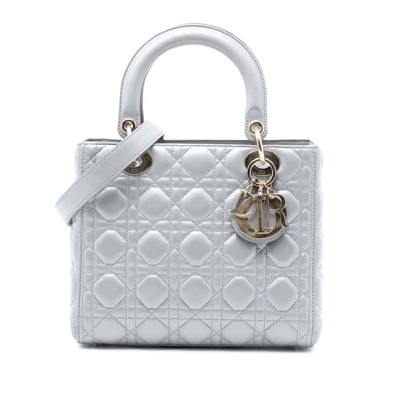 Dior Medium Pearlescent Lambskin Cannage Lady Dior Grey Leather Very good condition - Front View