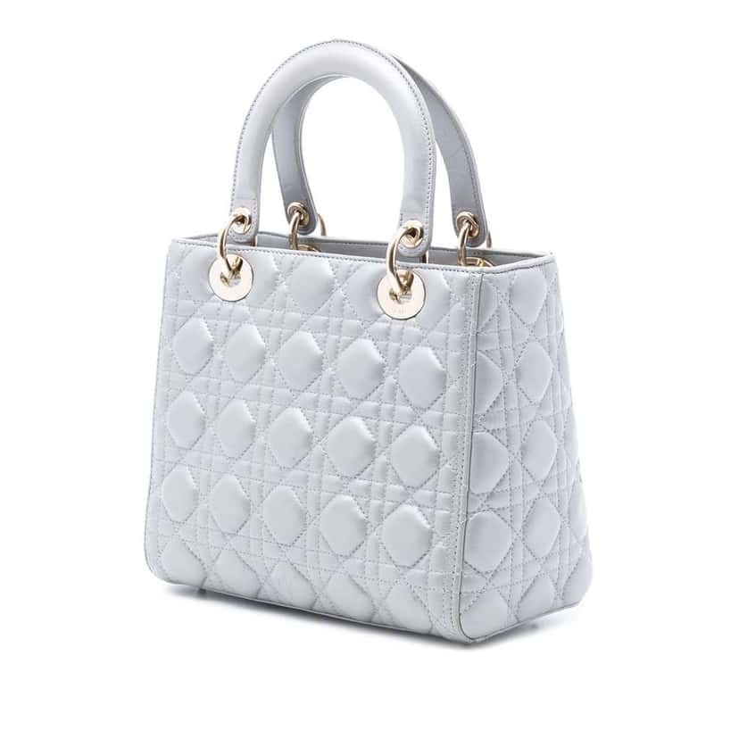 Dior Medium Pearlescent Lambskin Cannage Lady Dior Grey Leather Very good condition - Back View