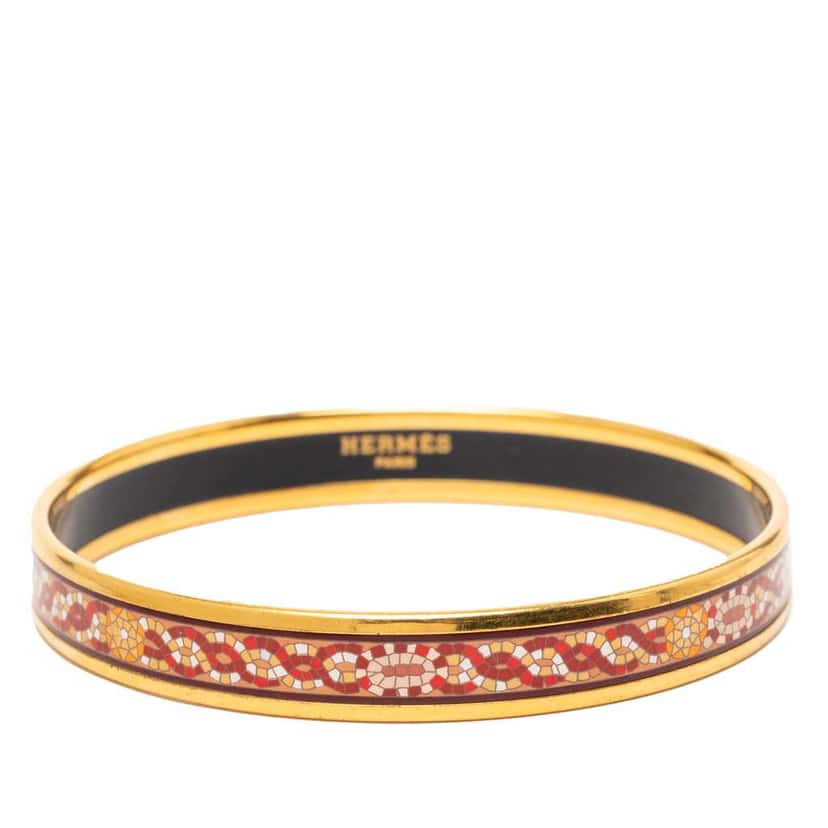 Hermès Narrow Mosaic Style Geometric Pattern Enamel Bangle 65 Orange Very good condition - Front View