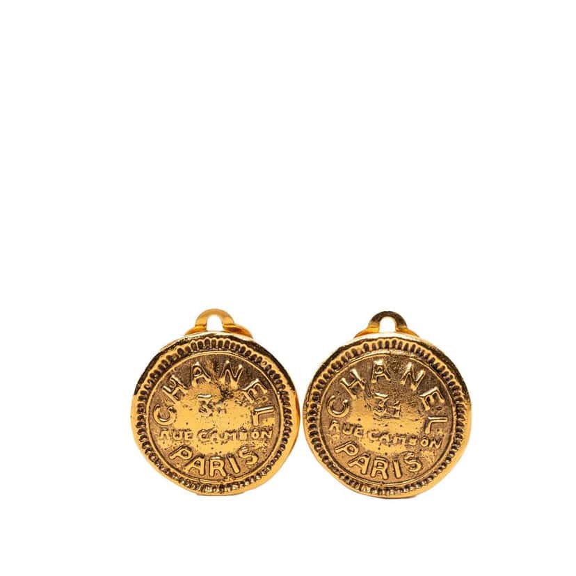 Chanel Gold Plated 31 Rue Cambon Round Clip On Earrings Gold Metal Very good condition - Front View