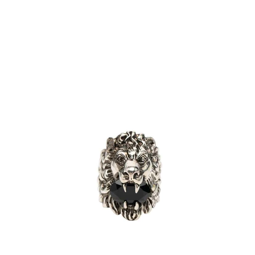Gucci Silver Plated Crystal Lion Head Ring Silver Metal Good condition - Front View
