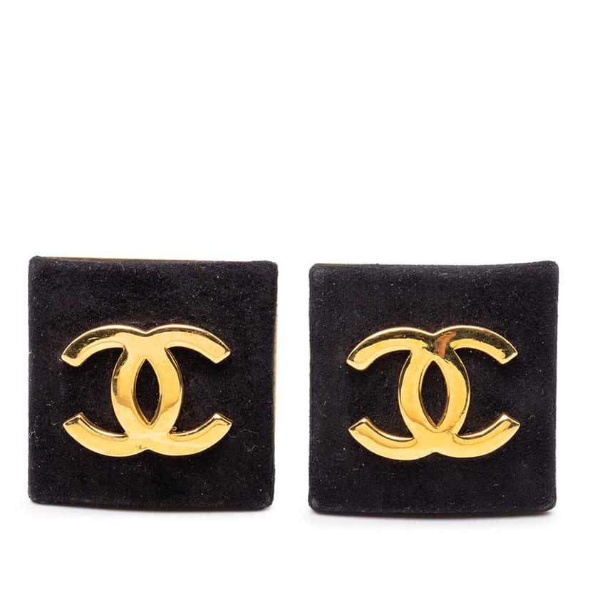 Chanel CC Gold Plated Suede Square Clip On Earrings Black Leather Good condition - Front View