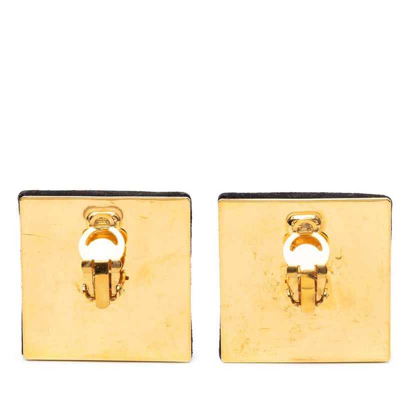 Chanel CC Gold Plated Suede Square Clip On Earrings Black Leather Good condition - Back View