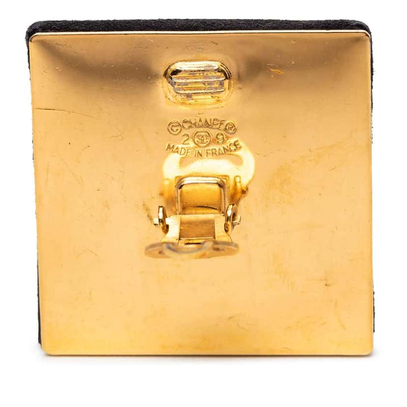 Chanel CC Gold Plated Suede Square Clip On Earrings Black Leather Good condition - Inside View