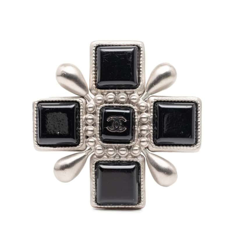 Chanel CC Silver Plated Resin Cross Brooch Silver Silver Good condition - Front View