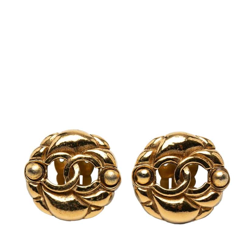 Chanel CC Gold Plated Round Clip On Earrings Gold Metal Very good condition - Front View