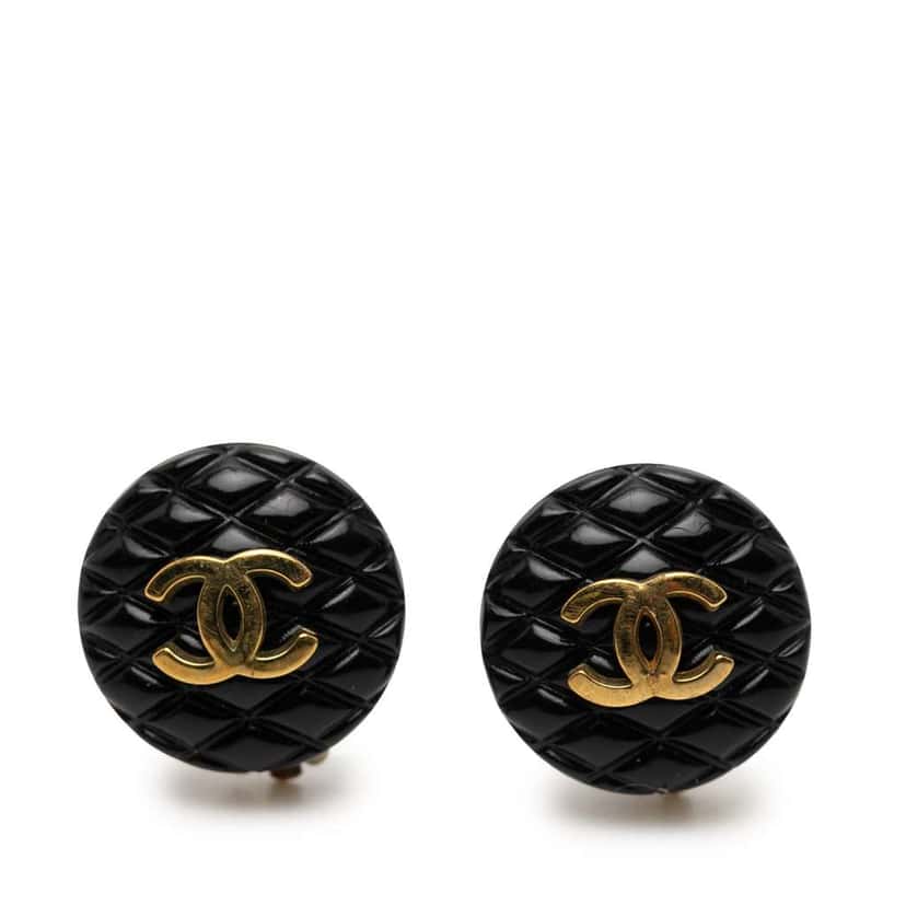 Chanel CC Resin and Gold Plated Quilted Button Clip On Earrings Black Very good condition - Front View