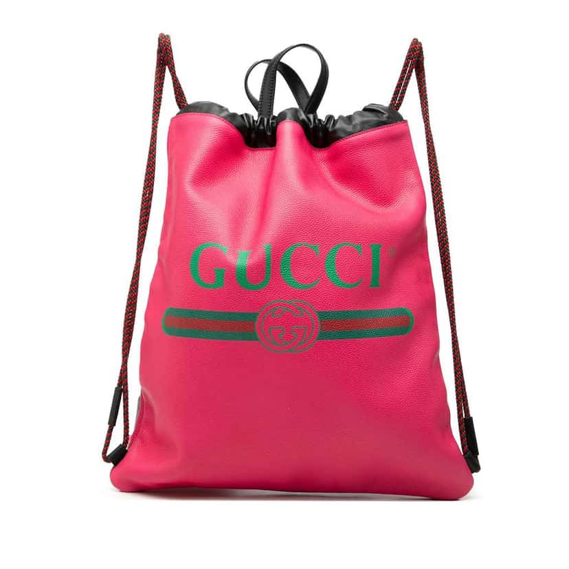 Gucci Leather Logo Drawstring Backpack Pink Leather Very good condition - Front View