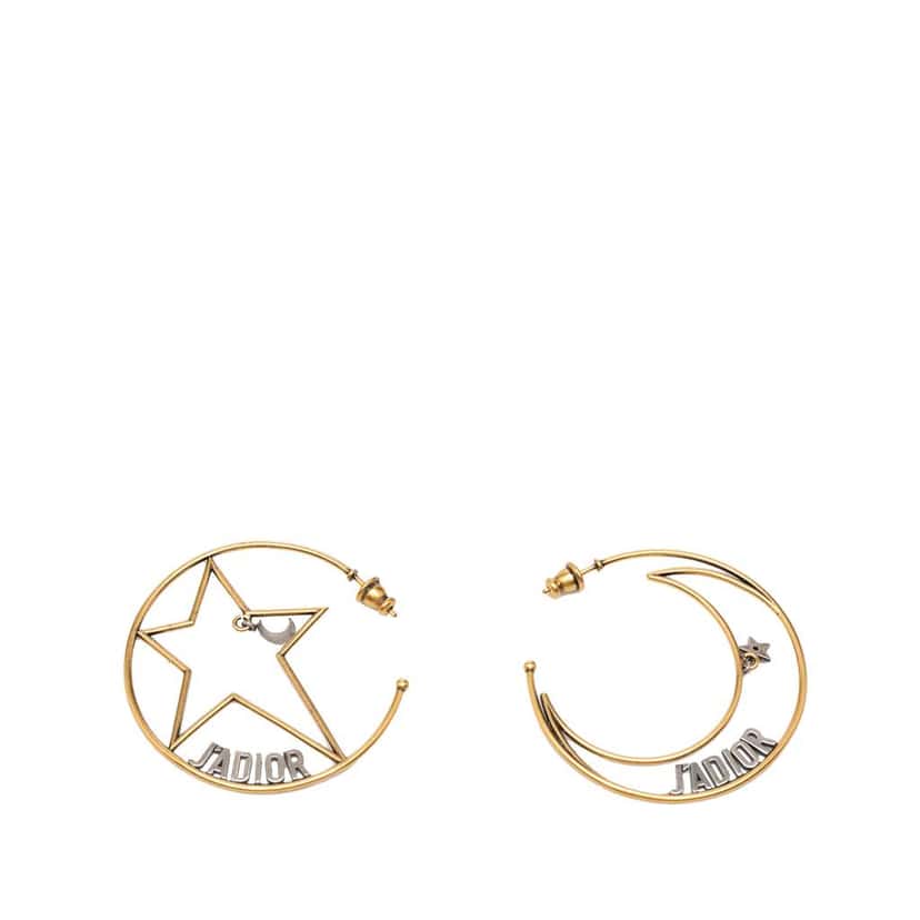 Dior Gold Plated Moon and Star JAdior Hoop Push Back Earrings Gold Metal Very good condition - Front View