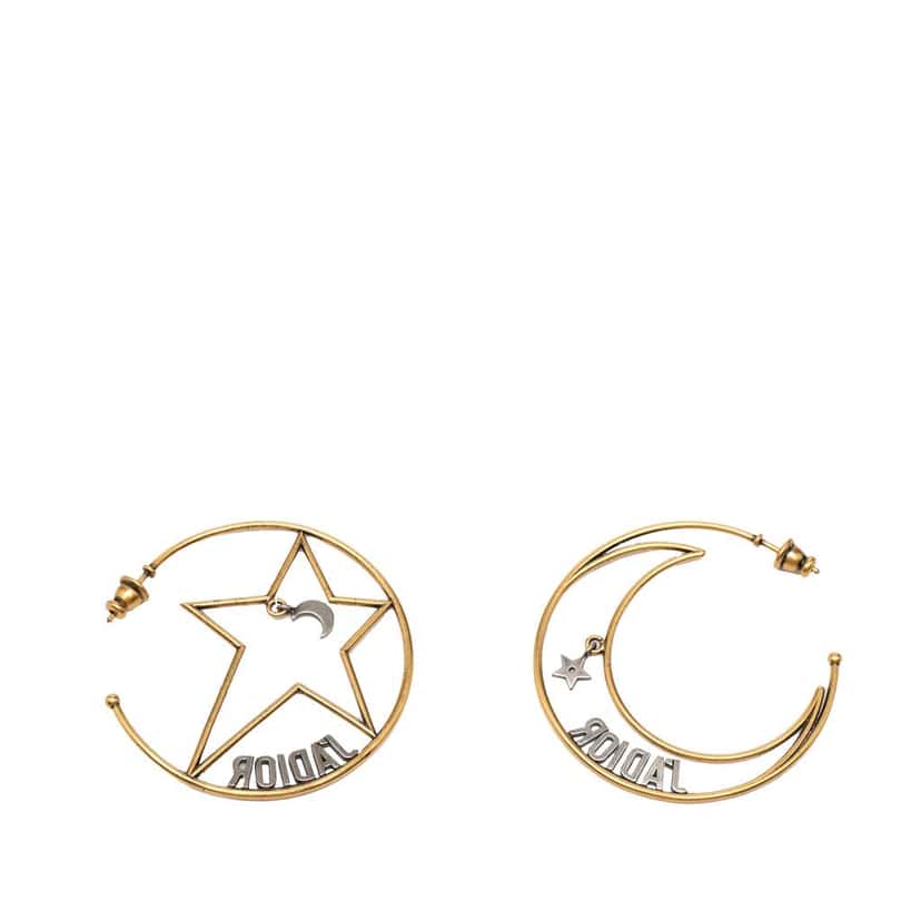 Dior Gold Plated Moon and Star JAdior Hoop Push Back Earrings Gold Metal Very good condition - Back View