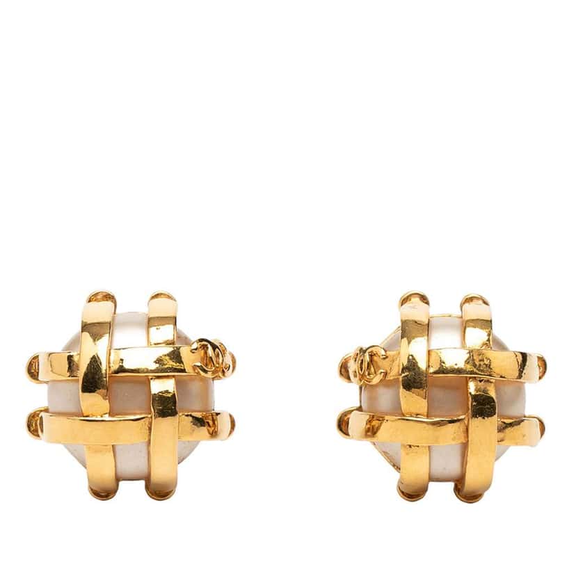 Chanel CC Gold Plated Caged Faux Pearl Clip On Earrings Gold Metal Very good condition - Front View