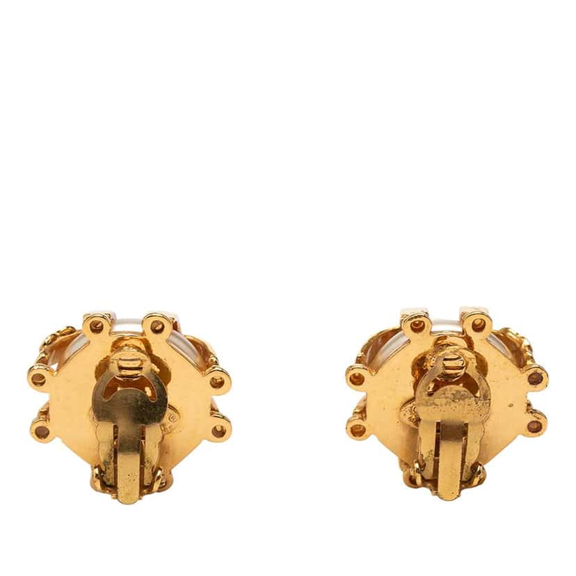 Chanel CC Gold Plated Caged Faux Pearl Clip On Earrings Gold Metal Very good condition - Back View