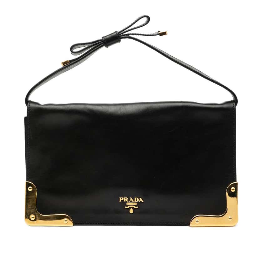 Prada City Calf Bow Handbag Black Leather Very good condition - Front View