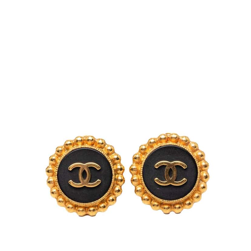 Chanel CC Gold Plated and Acrylic Round Clip On Earrings Gold Metal Very good condition - Front View